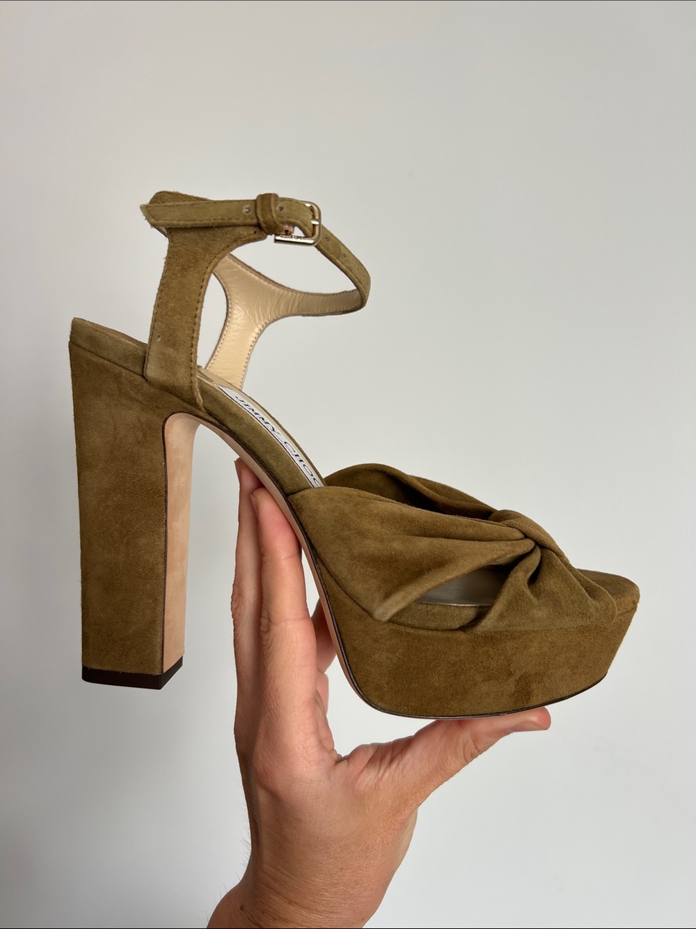 Jimmy Choo heloise 120 muted green suede knot open toe block heels sandals 37 - Picture 10 of 12